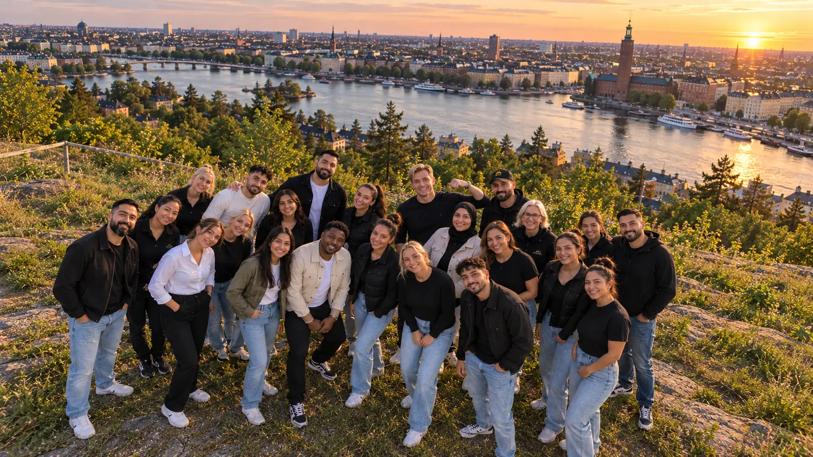 Bara Bemannings team tillsammans med utsikt över Stockholm