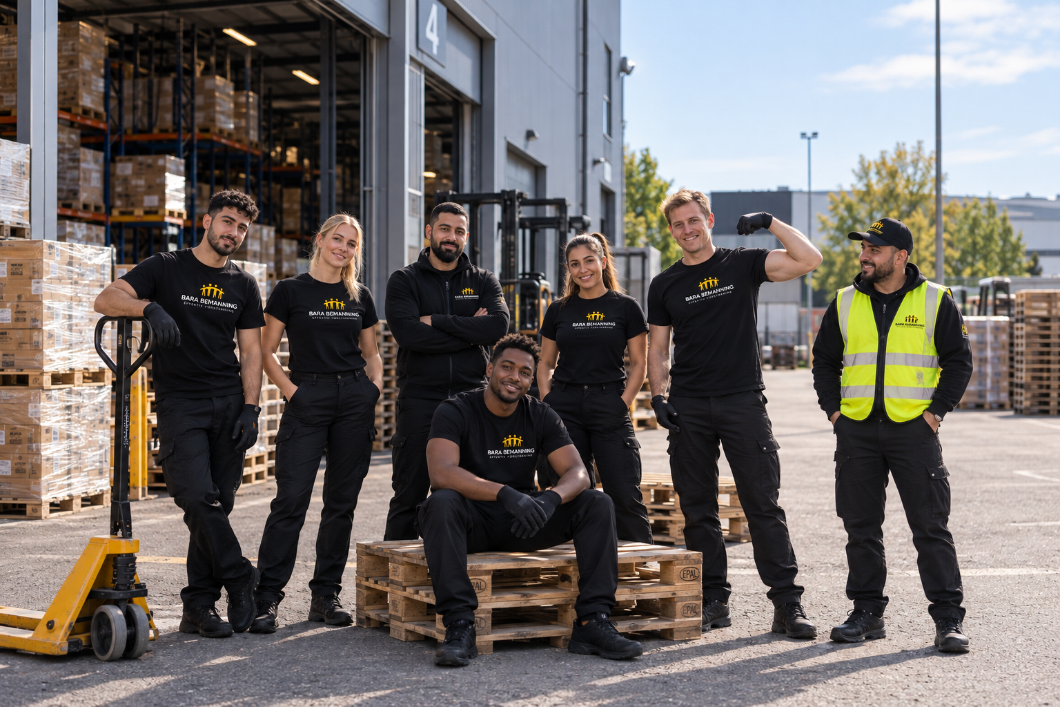 Bara Bemannings lagerteam framför en lagerbyggnad